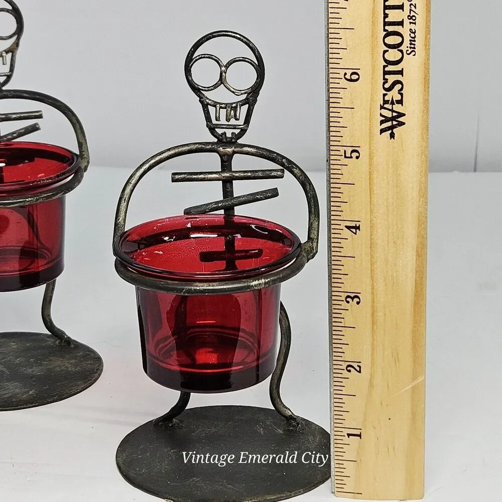 Vtg Rare Black Metal Skull Men Halloween Candle Holders Red Glass Votive Set 2